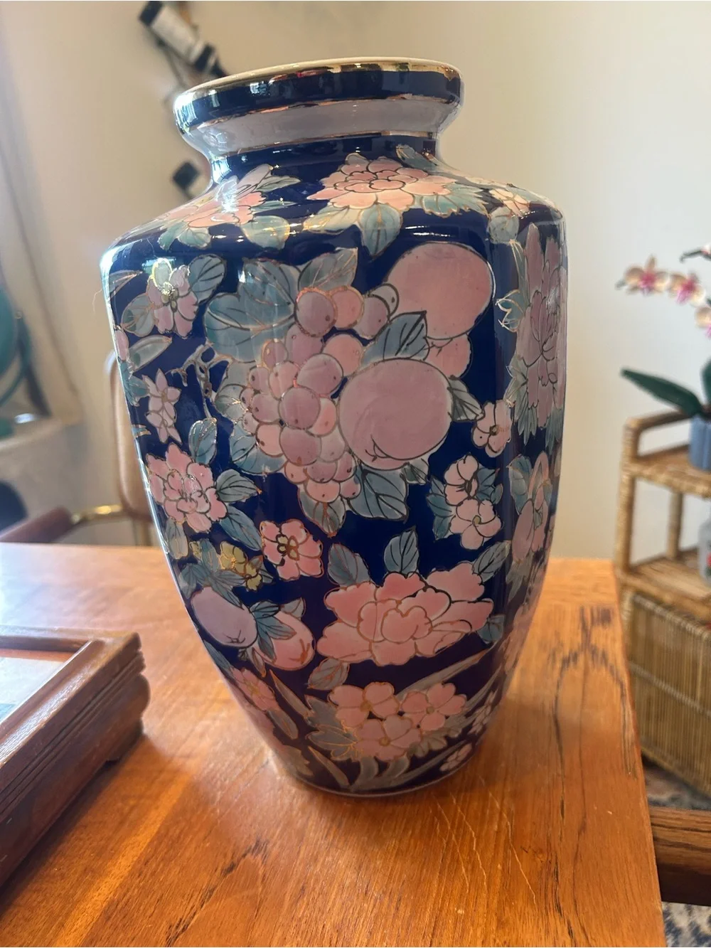 Vintage Pier 1 Cobalt Blue Floral Porcelain Vase | Hand Painted Pink Flowers